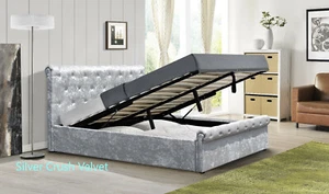 Crushed Velvet Diamante Chesterfield Ottoman Sleigh Bed Frame in Silver 3ft 4ft6 - Picture 1 of 8