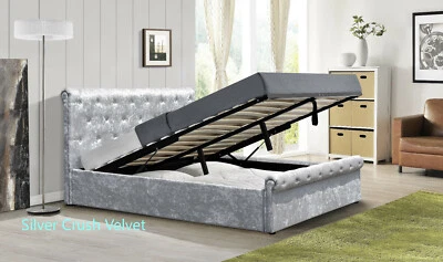 CLOUD NINE FURNITURE Crushed Velvet Diamante Chesterfield Ottoman Sleigh Bed Frame in Silver 3ft 4ft6