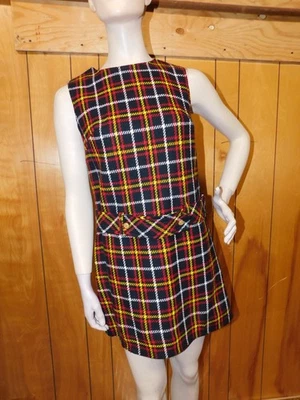 Mini Vestido Vintage Bobbie Brooks Negro Rojo Amarillo Blanco Lana Cintura 34" Foto 1 de 4