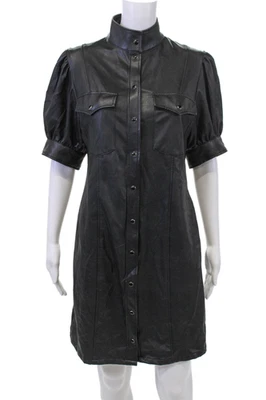 The Kooples Jeans Womens Faux Leather Puffy Sleeves Button Down Dress Black Size - Image 1 of 4