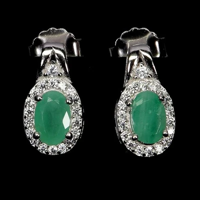 925 Sterling Silver Earrings Oval Emerald 6x4mm Natural Gemstone Jewelry - Image 1 of 4