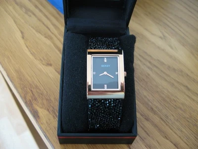 SEKSY Ladies Gold Watch with Black Swarovski Crystal Rocks & Bracelet Strap NWOT - Image 1 of 4