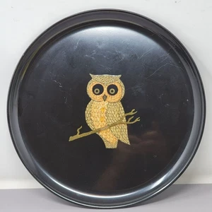 Vintage Couroc Of Monterey Owl Serving Tray Round Black & Gold Durable - Picture 1 of 5