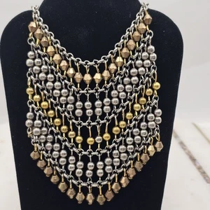 Statement Bib Necklace Layer Bead Chain Mixed Metal Silver Gold Bronze Boho 33" - Picture 1 of 5
