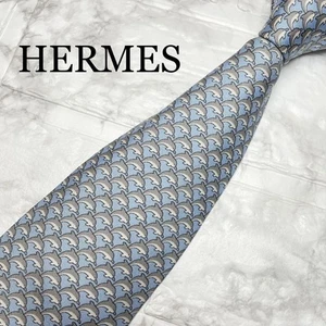 HERMES Necktie Tie Blue dolphin pattern 100% Silk made in France J5012 - Picture 1 of 24