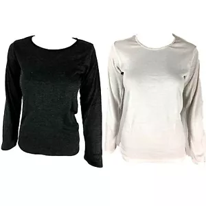 New Women's Merino Wool Top Classic Crew Neck Long Sleeve Thermal Top White/Blac - Picture 1 of 3