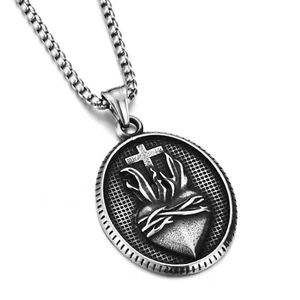 Stainless Steel Sacred Heart of Jesus Pendant Necklace Chain Religious Jewelry - Picture 1 of 3