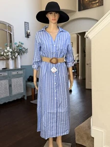 ZARA WOMEN STRIPED BELTED SHIRT DRESS BLUE WHITE ALL SIZES NWT | 8243/971 - Picture 1 of 13
