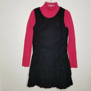 Girls Nautica 2 Pc Black Corduroy Jumper Dress Pink Turtleneck Top Size XL 12-14 - Picture 1 of 11