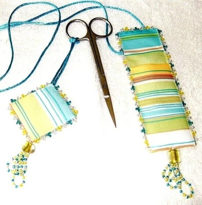Yellow & Turquoise Beaded Ribbon Scissor Case & Pincushion W/ Scissor - NEW - Image 1 of 3