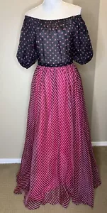 Vintage 70s Nina Ricci Black Pink Polka Dot Striped Silk Chiffon Gown Size 8 - Picture 1 of 12