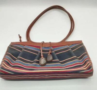 Vintage Colombia Boots ‘n Bags Striped Canvas Carpet Bag Brown Leather Handles - Image 1 of 4