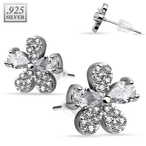 Pair of .925 Sterling Silver Paved CZ Flower Ear Studs Earrings 22g (0.6 mm) - Picture 1 of 1