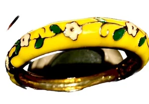 VTG Chinese Peony Cloisonné Enamel Brass Hinged Bangle Bracelet, Yellow 36 Grams - Picture 1 of 4