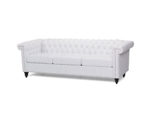 tufted chesterfield faux leather 3 seater sofa, white