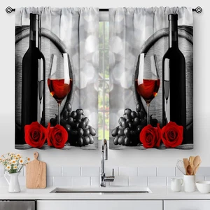 Red Rose and Wine Kitchen Curtains - Rustic Romantic Valentine Farmhouse Girls W - Picture 1 of 5