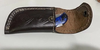 Pocket Knife W/ Blue Handle Damascus Steel Folding Blade W/ Leather Holder - Image 1 of 4