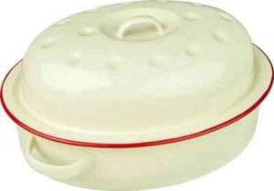 Enamel Oval Roaster Roasting Dish Oven Tray Casserole Pan Cream With Lid 26cm - Picture 1 of 1