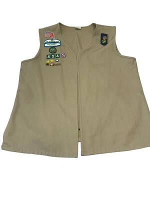 Girl Scout Cadette Senior Vest Uniform Beige With Badges and Pins XL Made In USA - Image 1 of 4
