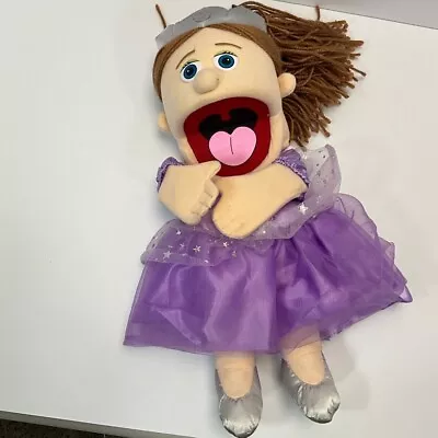 Muñeca de mano princesa marioneta juguete de peluche niña vestido púrpura corona plateada Foto 1 de 4