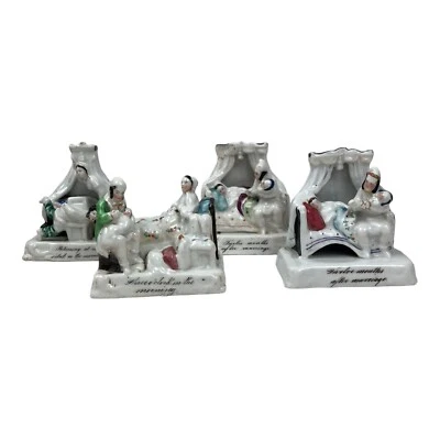 Cuatro estatuillas antiguas de cerámica de Staffordshire Inglaterra carenado temas de matrimonio U33 Foto 1 de 4