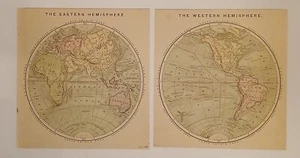 Antique 1881 Pair Of Maps Of The Eastern And Western Hemispheres - Picture 1 of 5