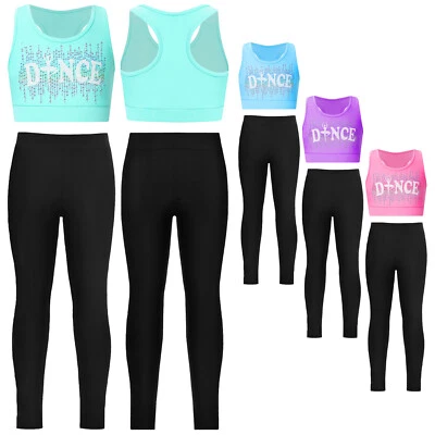 Girls Dance Gymnastic Outfits with Shiny Sports Bra Dance Crop Top Yoga Legging - Image 1 of 3