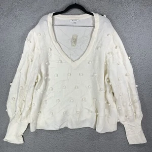 Madewell White Bobble Dashwood V-Neck Sweater Coziest Yarn Swiss Dot 3X NWT - Picture 1 of 11