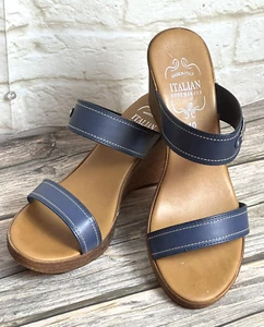 Italian Shoemaker Sandals Wedge Navy Blue Leather Straps Fits 10 M - Picture 1 of 19