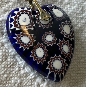 Murano Glass Millefiori Heart Pendant Cobalt Blue White And Red - Picture 1 of 6
