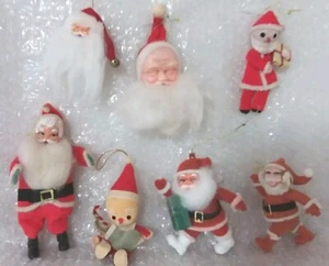 7 Vintage 1950/60s Christmas Santa Claus Ornaments Flocked-Felt-Chenille-Plastic - Picture 1 of 12