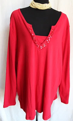 WHITE STAG TEE Red Cotton Knit Top 5X Sequin V-Neck W/ Insert Long Sleeve Tunic - Image 1 of 4