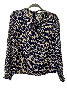 Whistles Beige & Navy Animal Print 100% Silk Chiffon Top With Bow Size 6 - Picture 1 of 12