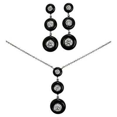 Classic Tiffany & Co. Platinum, Diamond and Black Onyx Earrings and Pendant Set - Image 1 of 4