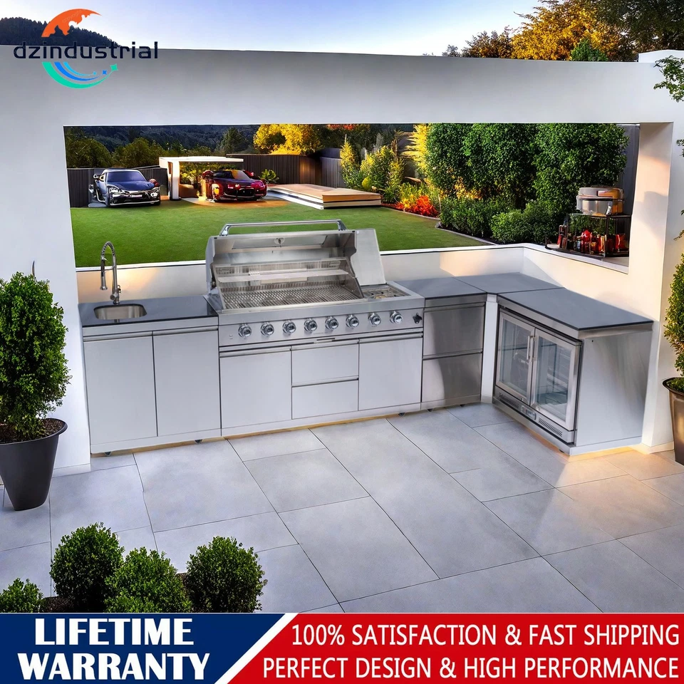 157in Deluxe 6-Burner Outdoor Kitchen Grill Island w/ Cabinets + Cooler + Sink - Image 1 of 4