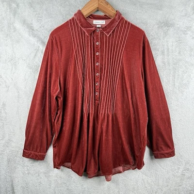 Blusa Coldwater Creek Mujer 2X Terciopelo Rojo Plisado Botón Frontal Vacaciones Festivas Foto 1 de 4