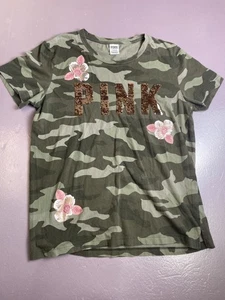 PINK Victoria's Secret Shirt Womens Large Green Camo Sequin Logo BLING Tee - Picture 1 of 7