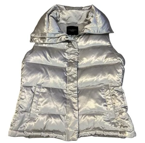 TALBOTS Women’s Down Puffer Vest Medium Petite Quilted Full Zip Pockets Silver - Picture 1 of 4