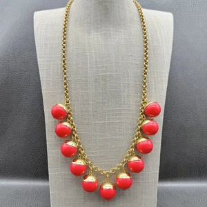 J.Crew Statement Necklace Gold Tone Red Bead Ball Chain Chunky Retro Jewelry - Picture 1 of 10