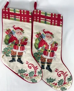 Needlepoint Christmas Stockings Santa in Plaid Pants Set of 2 Cotton Wool Velvet - Picture 1 of 6