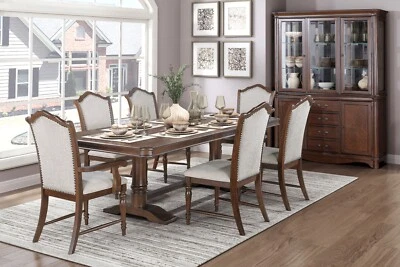 7 PC FORMAL 8 FT WOOD DINING TABLE GRAY TEXTURED FABRIC CHAIRS FURNITURE SET - Image 1 of 4