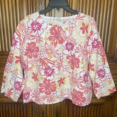 Hot Cotton Top Womens Large Petite White Pink Floral Flower LAST CHANCE - Image 1 of 4