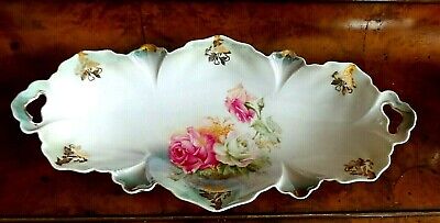 Antique Porcelain  Rs Prussia Relish Dish With Roses Scalloped Rim Gold Glaze • 49.99$