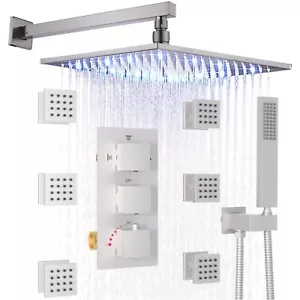 Thermostatic Rain Shower System with Body Spray Jets 8" LED Head Kit Wall Mount - Picture 1 of 9