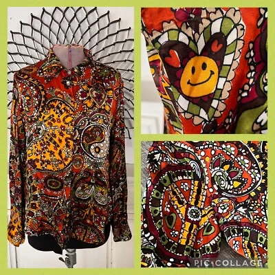 Moschino Womens Long Sleeve Top Hippie Chick Paisley/Happy Face/Peace sz/8 - Image 1 of 4