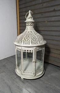 Vintage Shabby Boho Chic Ornate White Rustic Metal Glass Candle Lantern Moroccan - Picture 1 of 12