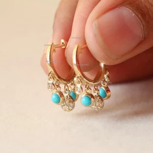 Turquoise &Diamond Drop Hoops Earrings Solid 14k Yellow Gold Dainty Fine Jewelry - Picture 1 of 9
