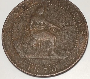1870 OM Spain 5 Centimos coin Worn condition KM#662 - Picture 1 of 3