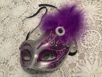 Mardi Gras Masquerade Mask Red & Purple Feathers New - Image 1 of 2