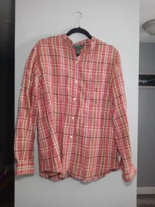 Lauren Ralph Lauren 100% XL Linen Shirt Red Brown Plaid Button Up Rollup Sleeves - Picture 1 of 8